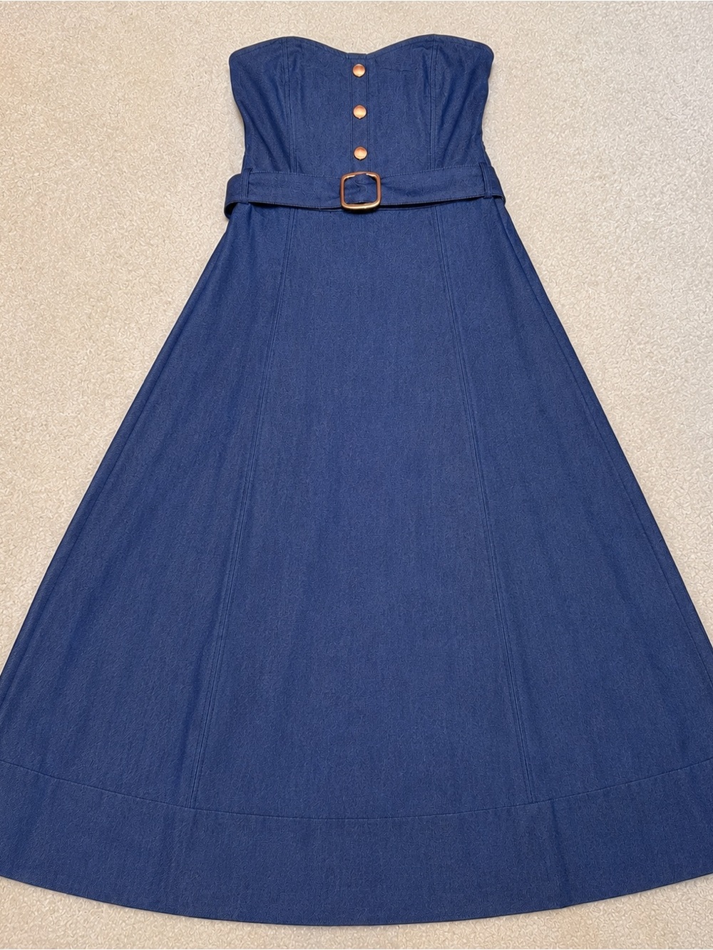 Strapless Dark Lightweight Denim Midi / Maxi Dress with Belt and Gold Buttons - Picture 2 of 5